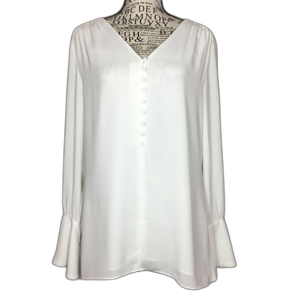 Catherine Malandrino white blouse bell cuffs fabric covered buttons sz M elegant